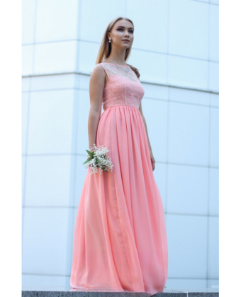 Вечірня персикова сукня з мереживом