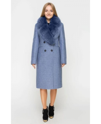 Класичне пальто з хутряним коміром блакитне
