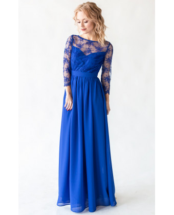 Платье с кружевом и рукавом синее