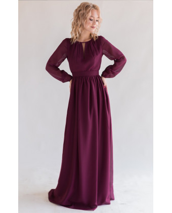 Платье в пол с длинным рукавом марсала