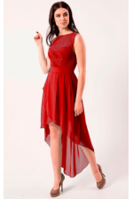 Коктейльна червона сукня з подолом різної довжини