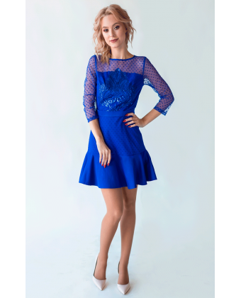 Синее коктейльное платье с вышивкой пайетками