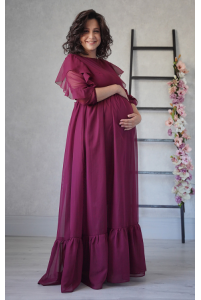 Сукня для вагітних з рюшем і воланом марсала