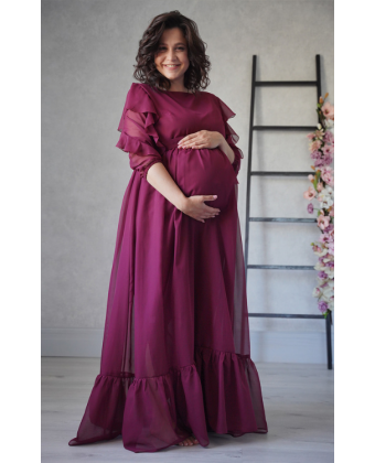 Сукня для вагітних з рюшем і воланом марсала